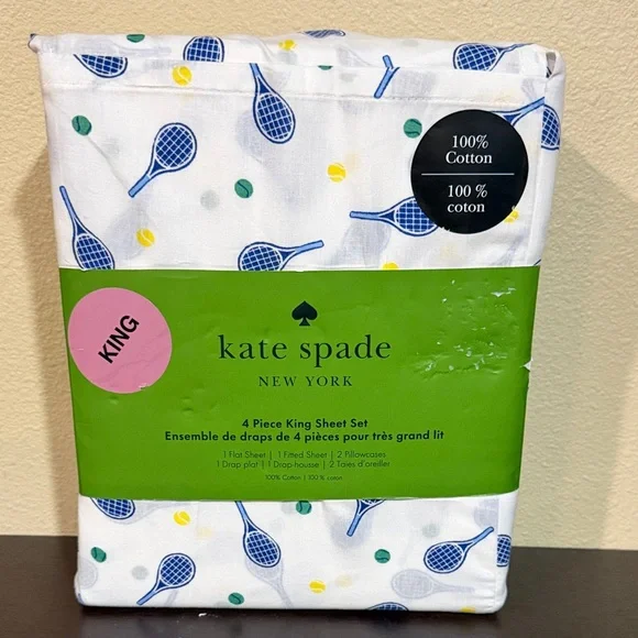 Kate Spade Tennis Print King Sheet Set with Blue and Yellow Accents - Picture 1 of 4